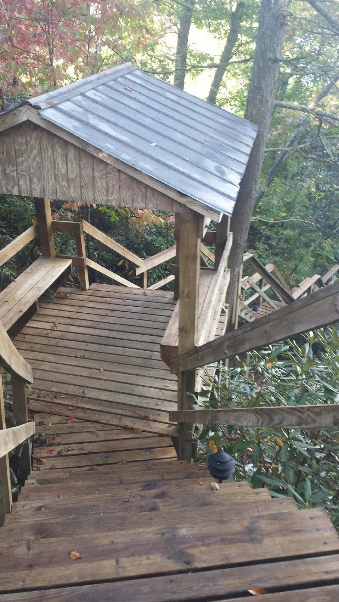 Metal roofed shelter over wooden steps on a wooded walkway — Skylight Repair & Installation work by our crew in Holden